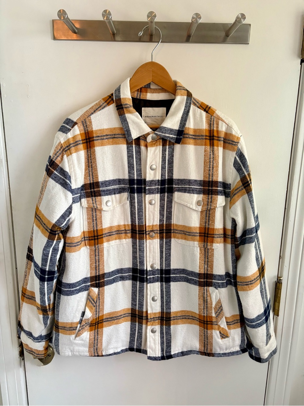 Aeropostale Women’s Plaid Shacket Jacket – White, Mustard & Navy